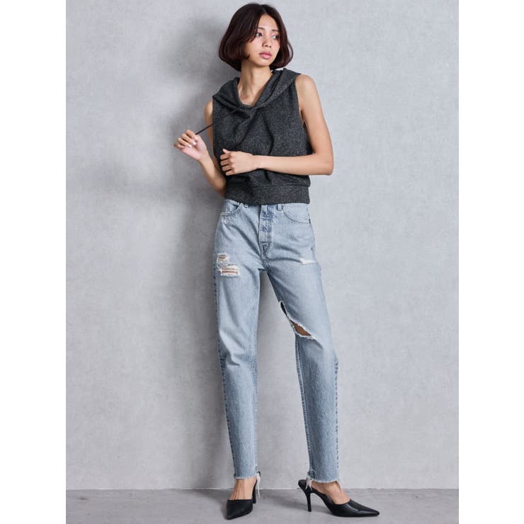 ハイウエストVintage Edge ダメージストレートデニムパンツ[品番