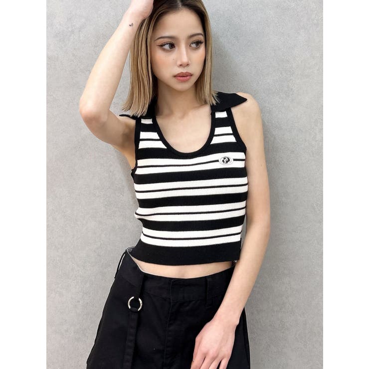 ボーダーノースリPOLOニットトップス[品番：MKSW0064064]｜GYDA