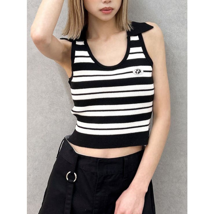 GYDAロゴ入りノースリーブニット ボーダーノースリPOLOニットトップス[品番：MKSW0064064]｜GYDA