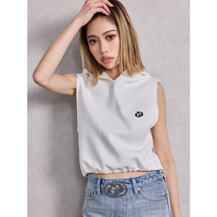 オフホワイト | GD HEM スピンドルノースリショートパーカー | GYDA