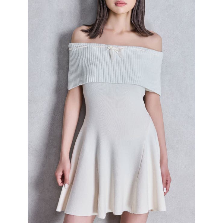 オフホワイト | ラメオフショルリボンハーフスリーブニットワンピース | GYDA