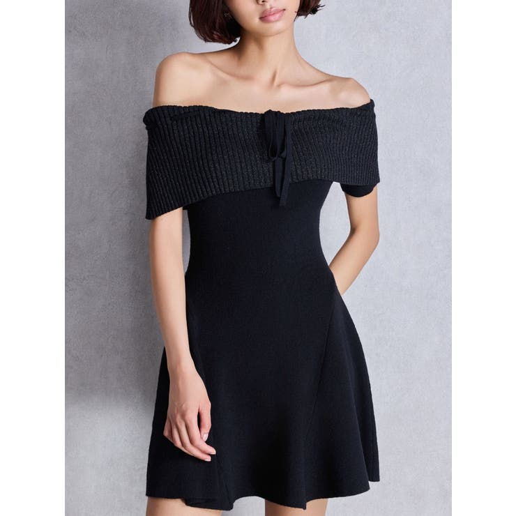 ブラック | ラメオフショルリボンハーフスリーブニットワンピース | GYDA