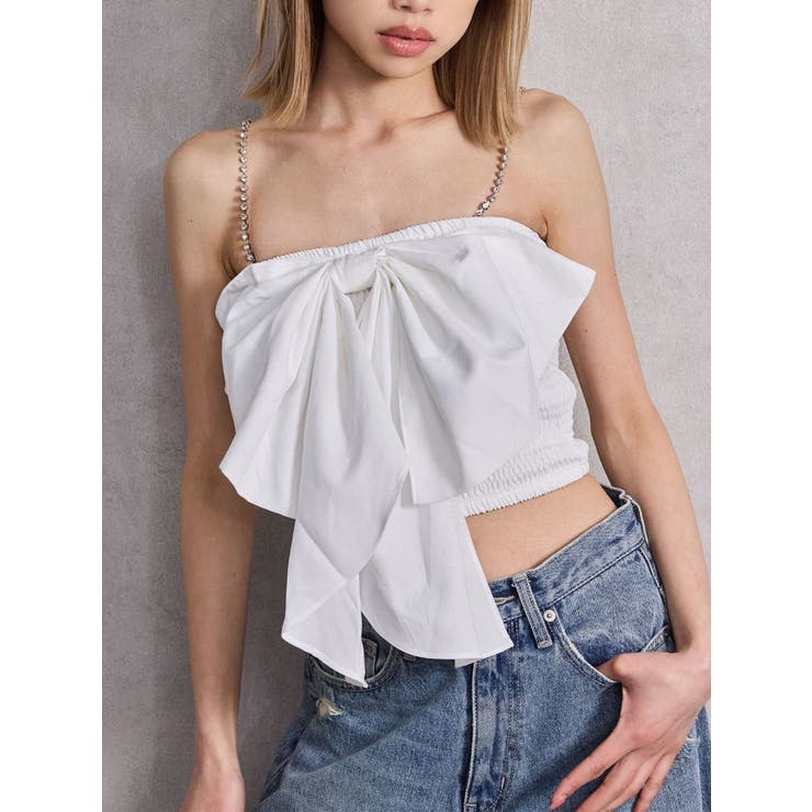 オフホワイト | ビジューストーンストラップ2WAYリボンブラウス | GYDA