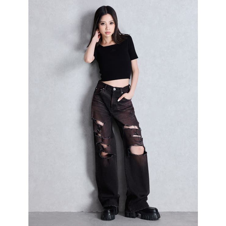 ハイウエスト tear up damageストレートワイドデニムパンツ | GYDA | 詳細画像13 