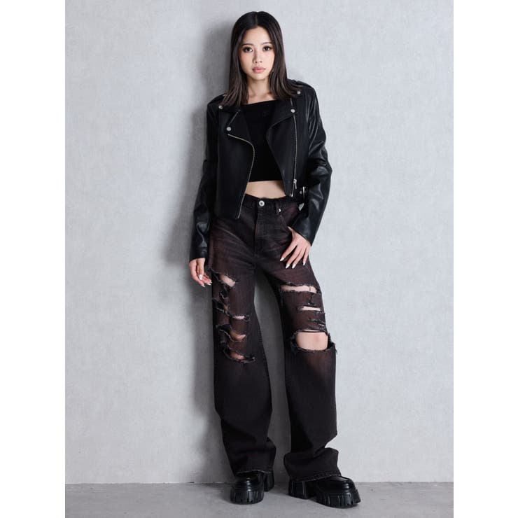 ハイウエスト tear up damageストレートワイドデニムパンツ | GYDA | 詳細画像15 