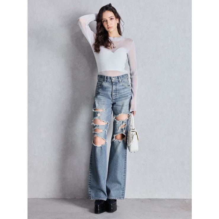 ハイウエスト tear up damageストレートワイドデニムパンツ | GYDA | 詳細画像2 