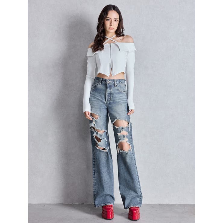 ハイウエスト tear up damageストレートワイドデニムパンツ | GYDA | 詳細画像3 