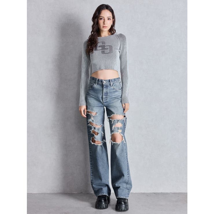 ハイウエスト tear up damageストレートワイドデニムパンツ | GYDA | 詳細画像5 