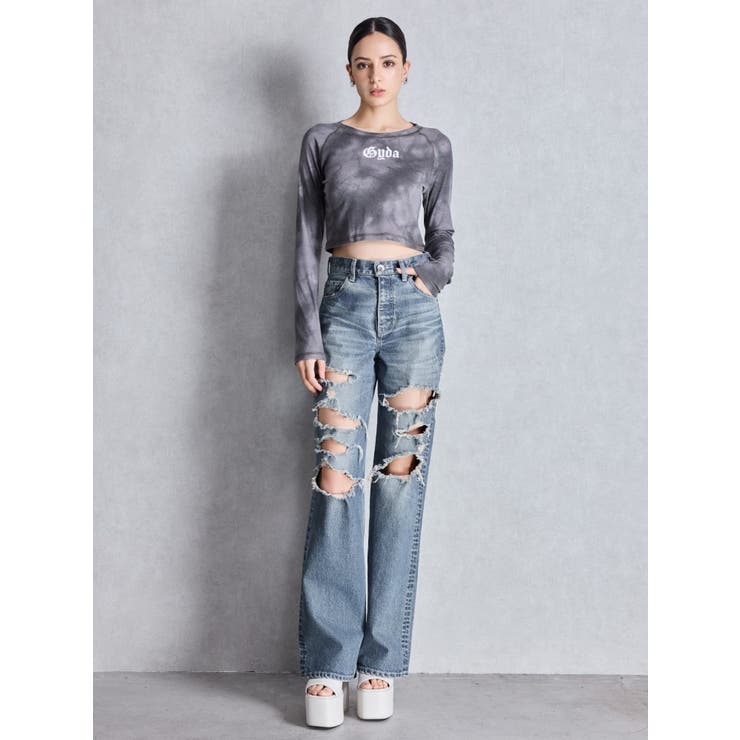 ハイウエスト tear up damageストレートワイドデニムパンツ | GYDA | 詳細画像7 