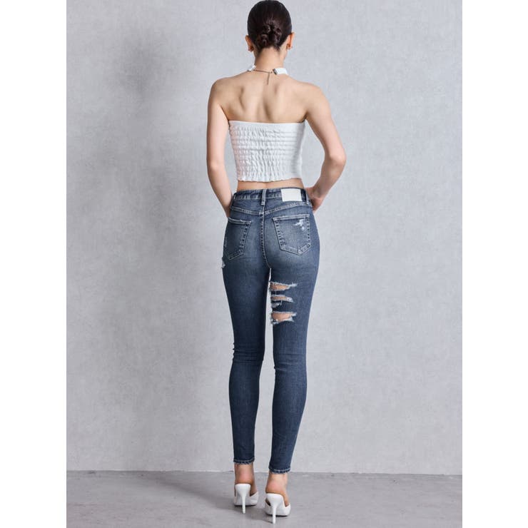 ミドルウエストSIDE CUT INNER DAMAGEスキニーデニムパンツ[品番