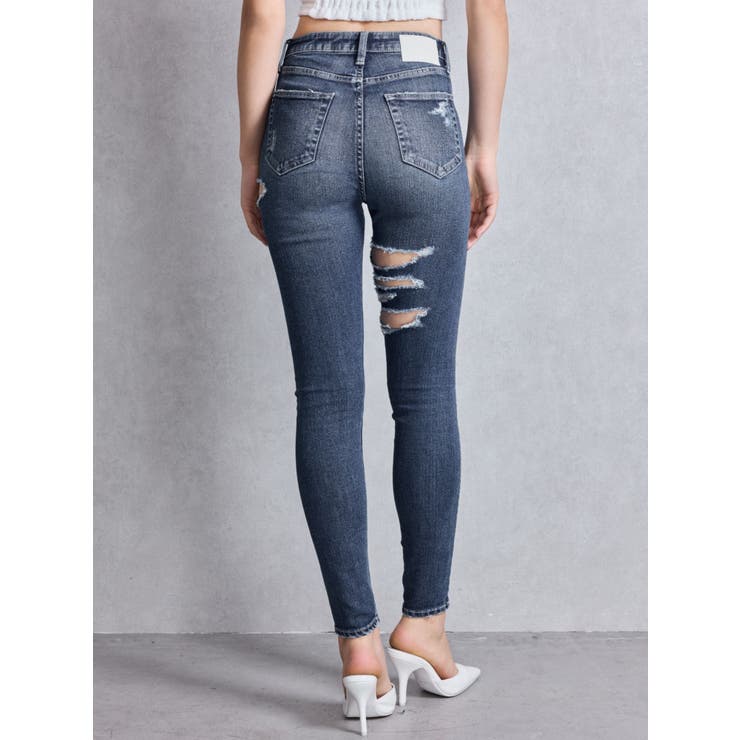 ブルー | ミドルウエストSIDE CUT INNER DAMAGEスキニーデニムパンツ | GYDA