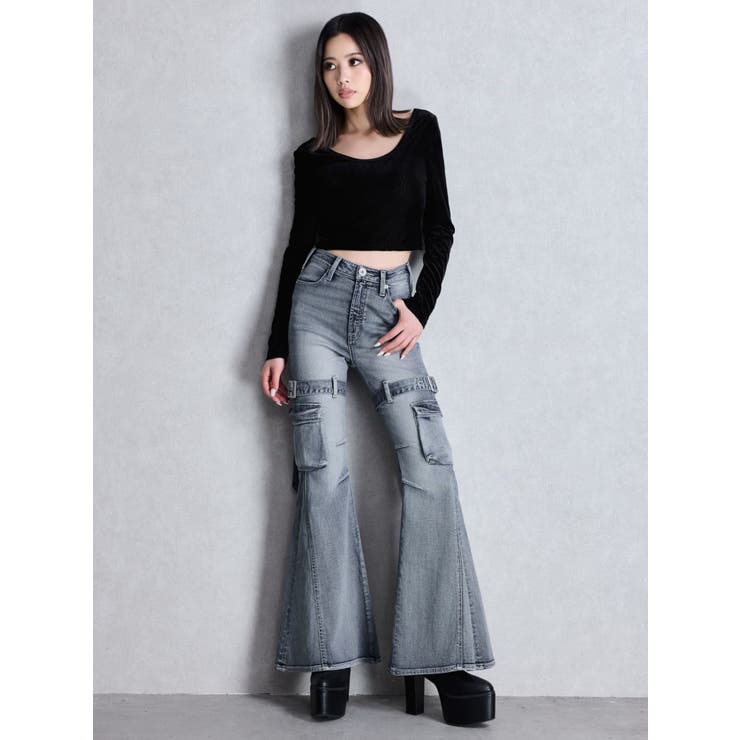 ハイウエスト strap cargo designフレアデニムパンツ | GYDA | 詳細画像12 