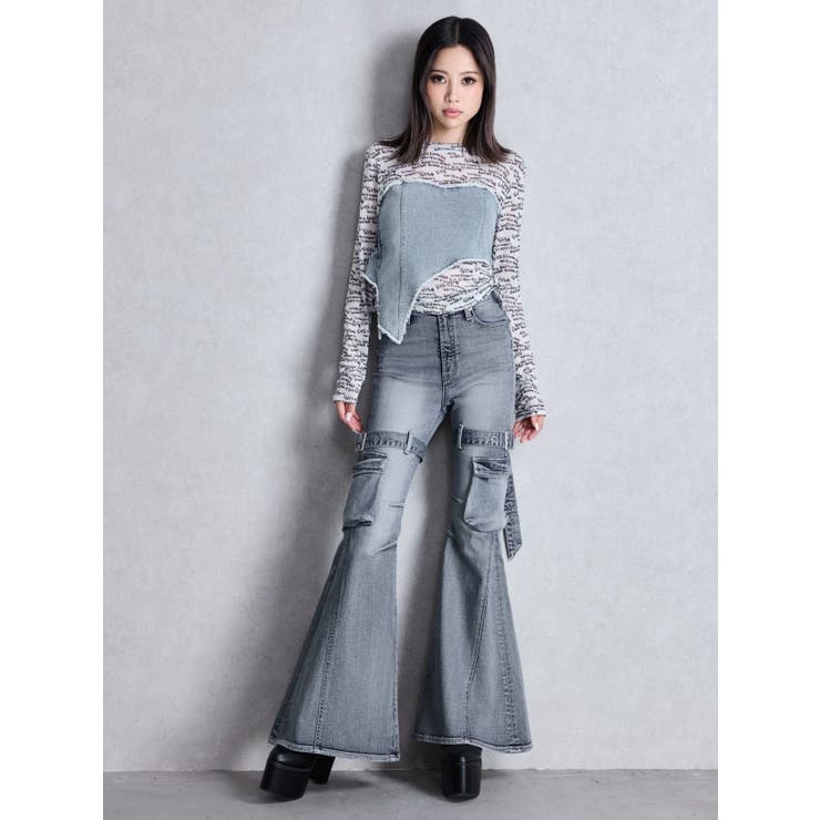 ハイウエスト strap cargo designフレアデニムパンツ | GYDA | 詳細画像14 