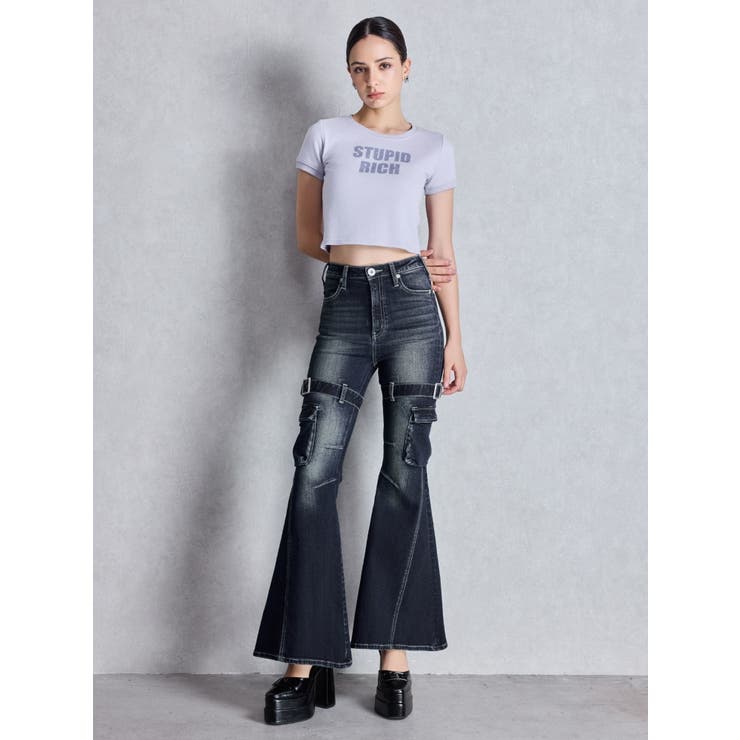 ハイウエスト strap cargo designフレアデニムパンツ | GYDA | 詳細画像21 