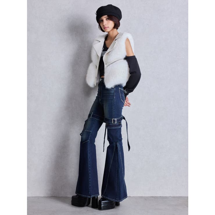 ハイウエスト strap cargo designフレアデニムパンツ | GYDA | 詳細画像28 