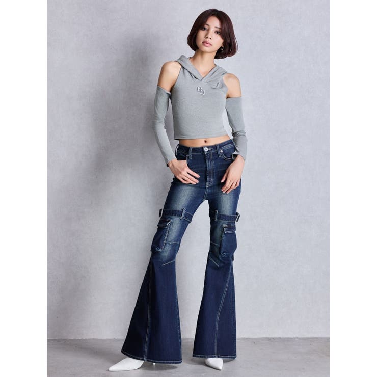 ハイウエストSIDE BELT CUTデザインフレアデニムパンツ[品番