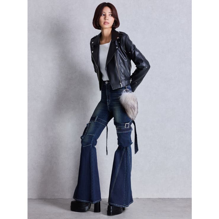 ハイウエスト strap cargo designフレアデニムパンツ | GYDA | 詳細画像7 