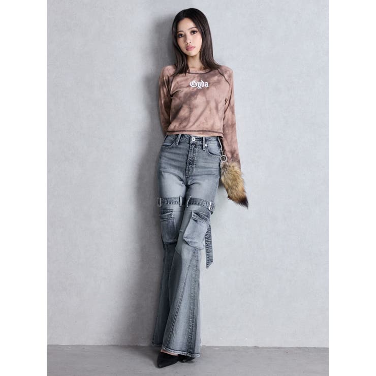 ハイウエスト strap cargo designフレアデニムパンツ | GYDA | 詳細画像9 