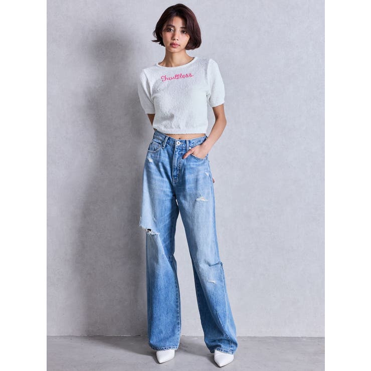 ハイウエストGG Stitch Barrel Leg ダメージデニムパンツ[品番