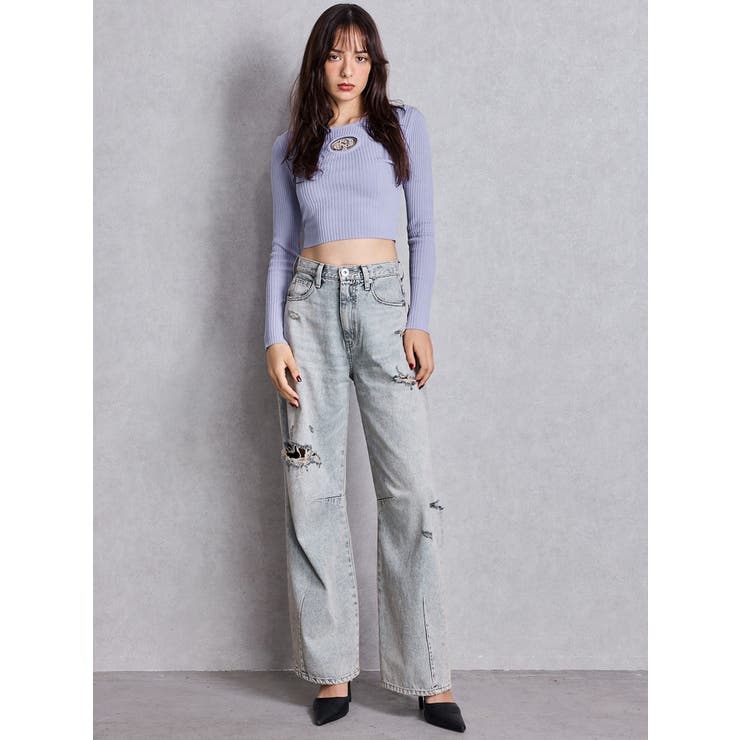 ウィルフリー グレー ダメージ加工 ハイウエストデニムパンツ WILLFULLY（ウィルフリー）の「SS loose distressed effect