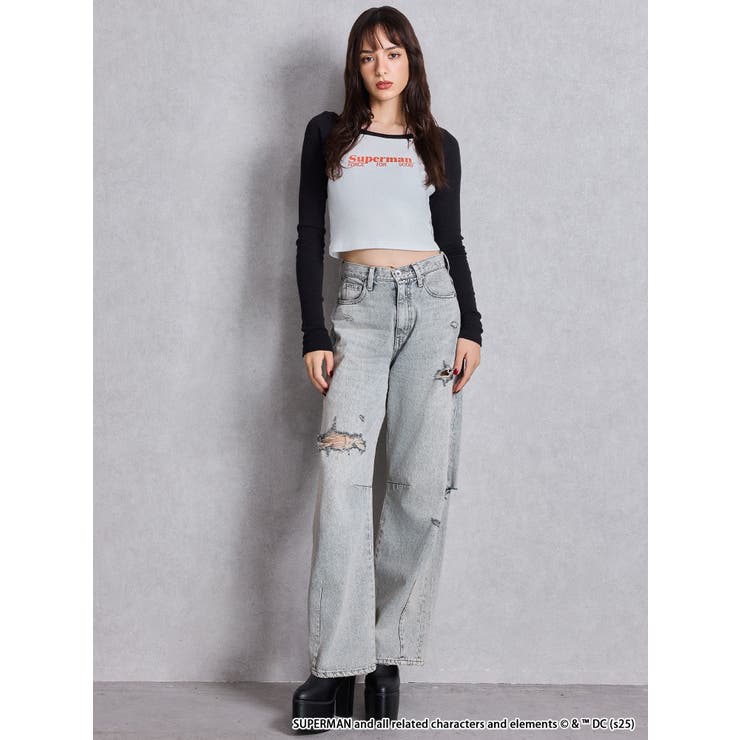 ハイウエストGG Stitch Barrel Leg ダメージデニムパンツ[品番