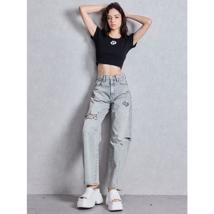 ハイウエストGG Stitch Barrel Leg ダメージデニムパンツ | GYDA | 詳細画像18 