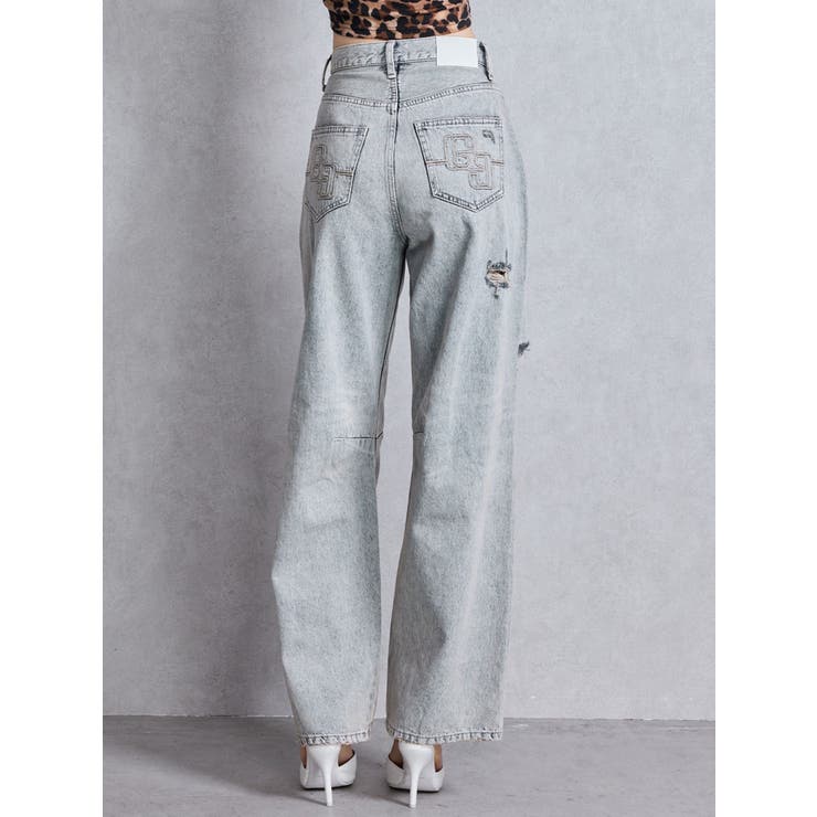 ハイウエスト GG Stitch Barrel Leg ダメージデニムパンツ ハイウエストGG Stitch Barrel Leg ダメージデニムパンツ