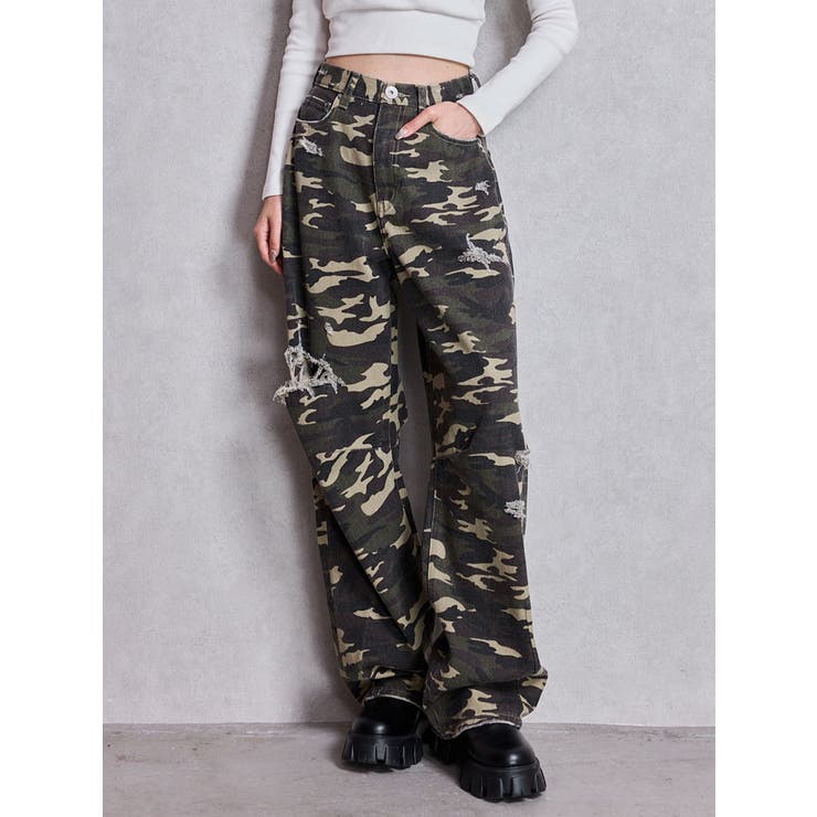 ハイウエストGG Stitch Barrel Leg ダメージデニムパンツ[品番