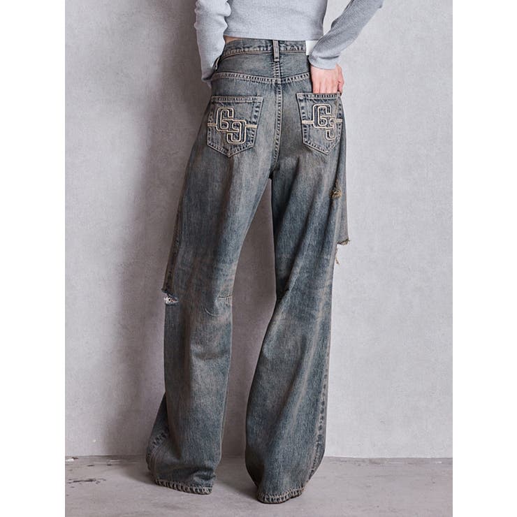 ハイウエストGG Stitch Barrel Leg ダメージデニムパンツ | GYDA | 詳細画像34 