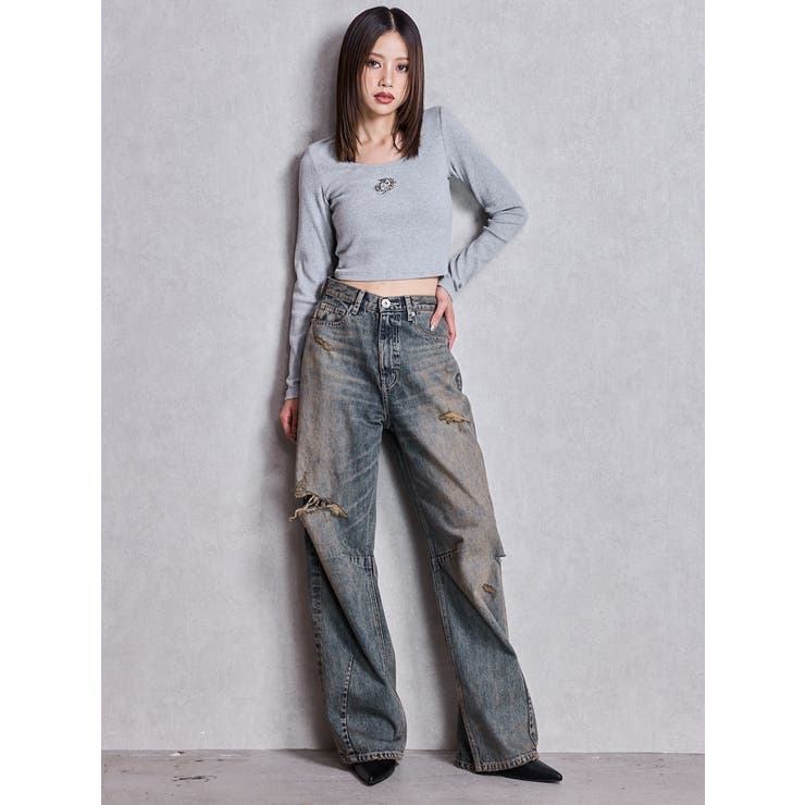 ハイウエストGG Stitch Barrel Leg ダメージデニムパンツ[品番