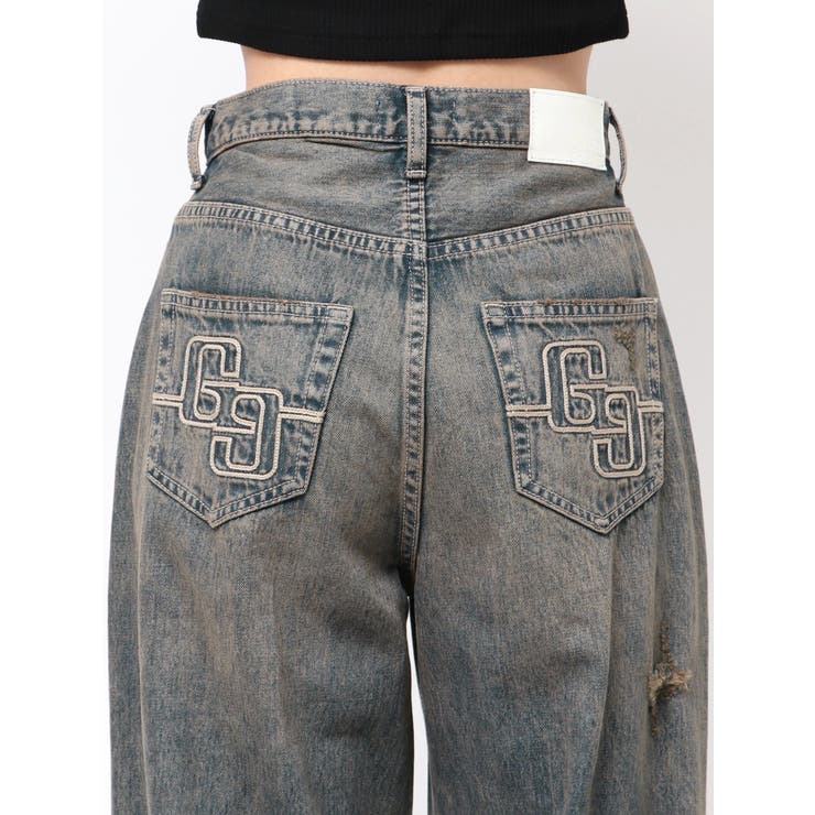ハイウエストGG Stitch Barrel Leg ダメージデニムパンツ | GYDA | 詳細画像41 