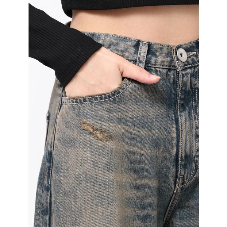 ハイウエストGG Stitch Barrel Leg ダメージデニムパンツ | GYDA | 詳細画像43 