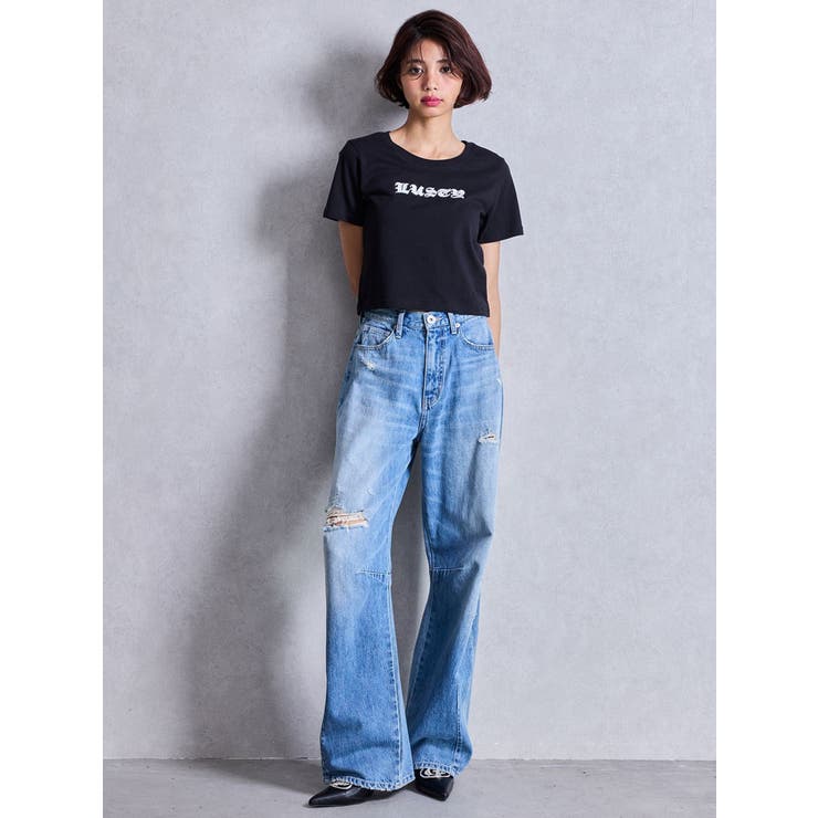 ハイウエストGG Stitch Barrel Leg ダメージデニムパンツ | GYDA | 詳細画像6 