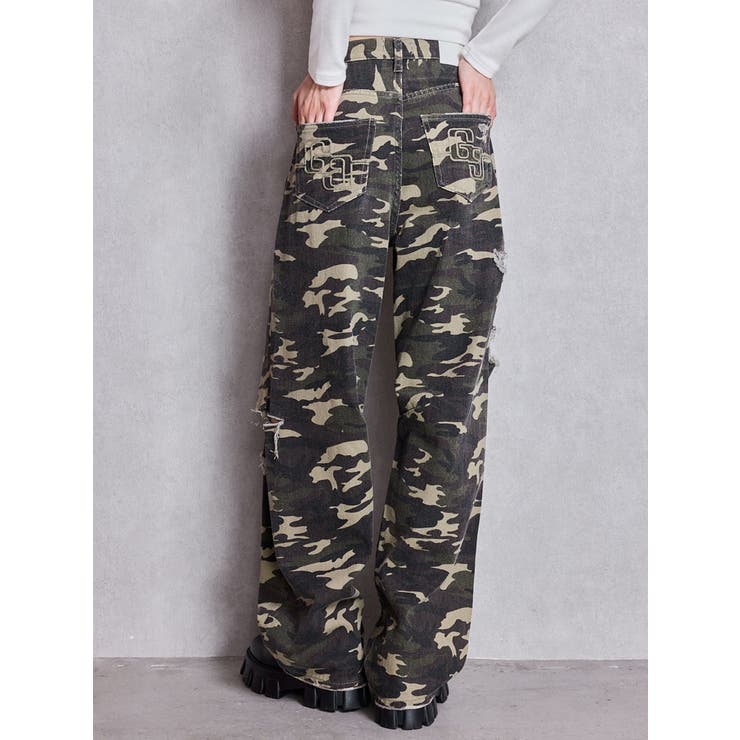 ミックス | ハイウエストGG Stitch Barrel Leg ダメージデニムパンツ | GYDA