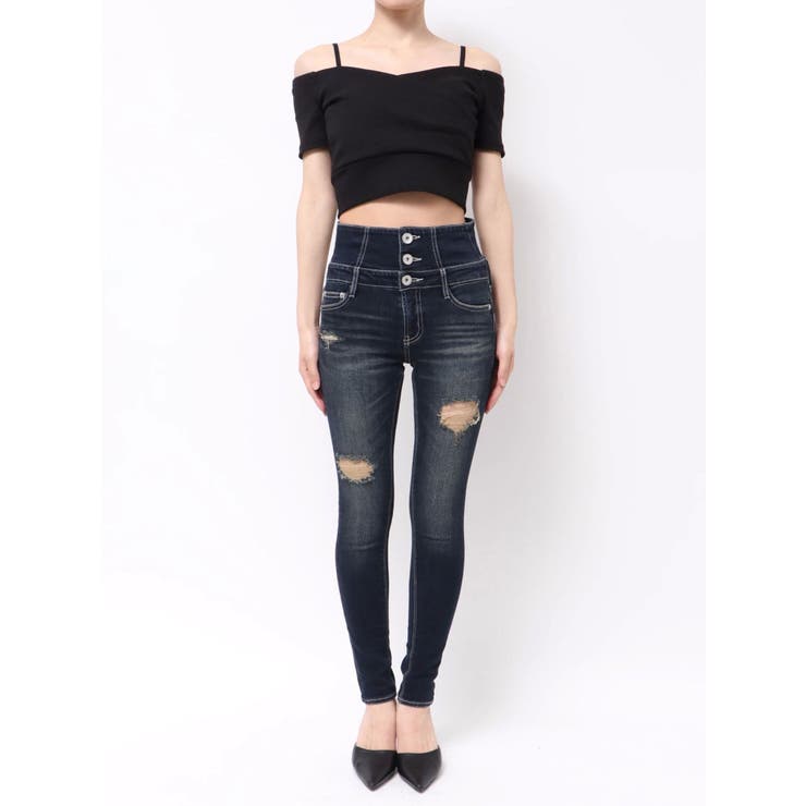 ハイウエストバッククロスダメージスキニーデニムパンツ[品番