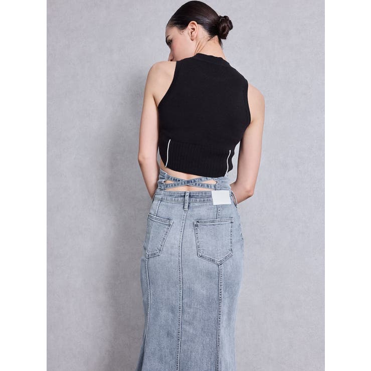 ELFSACK スカート ハイウエスト 刺繍 パーチワーク デニム ハイウエストBACKクロスマーメイドデニムスカート[品番