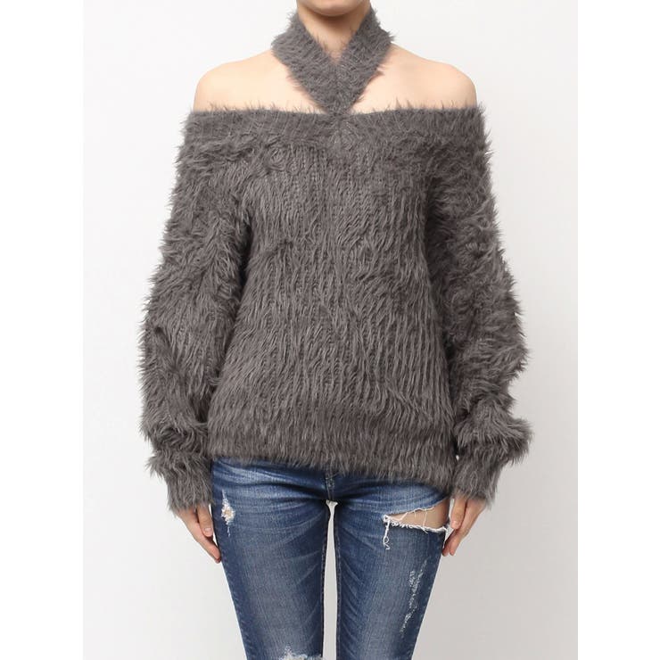 GYDA 2Wayシャギーチョーカーニット グレー ジェイダ GYDA 2WAYシャギーチョーカーニットトップス （C.GRY