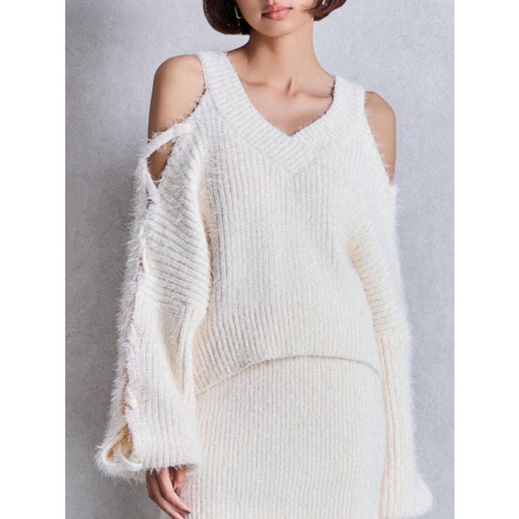 アイボリー | レースアップシャギーニットトップス | GYDA