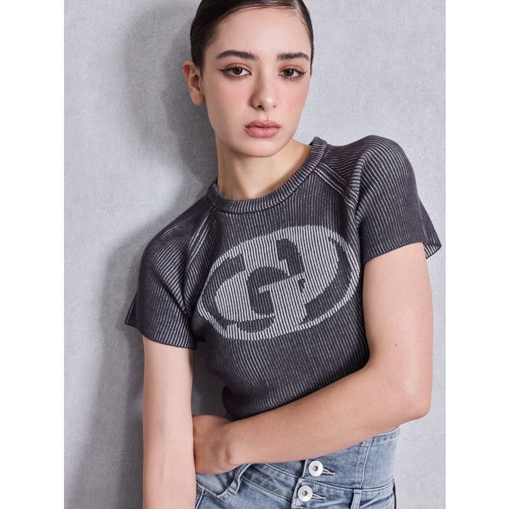 ブラック | GD two color schemeハーフスリーブニットトップス | GYDA