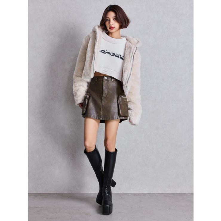 GYDA ファーショートジャケット 白茶 フェイクファーW ZIPショートコート[品番：MKSW0062648]｜GYDA