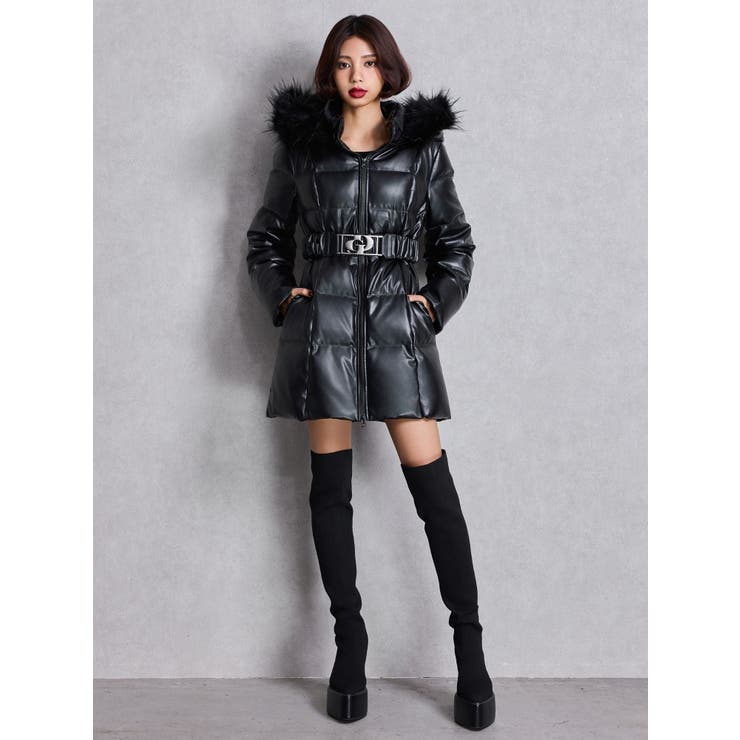 GDベルト付きフェイクレザーロングダウンコート[品番：MKSW0066479