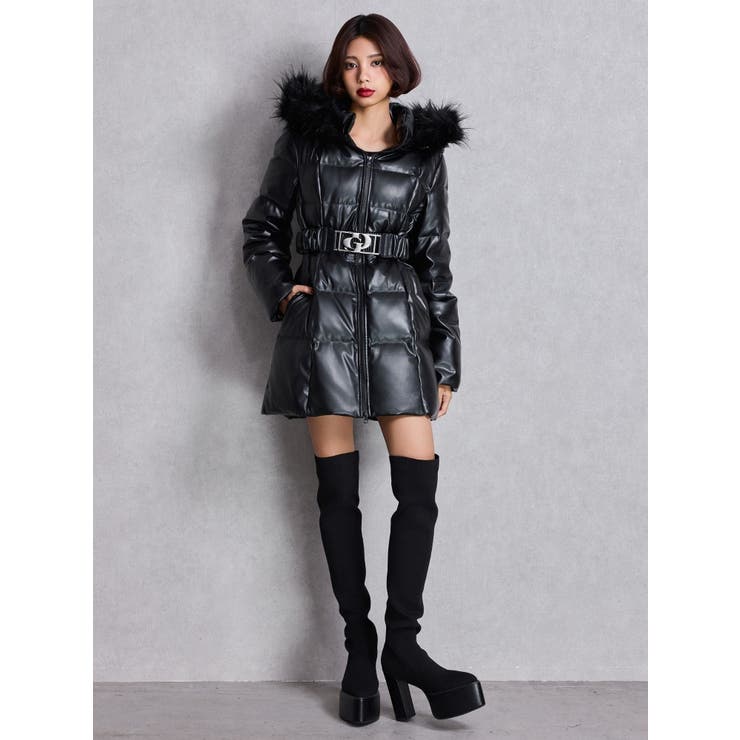 GDベルト付きフェイクレザーロングダウンコート[品番