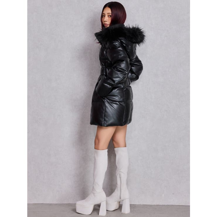 GDベルト付きフェイクレザーロングダウンコート[品番