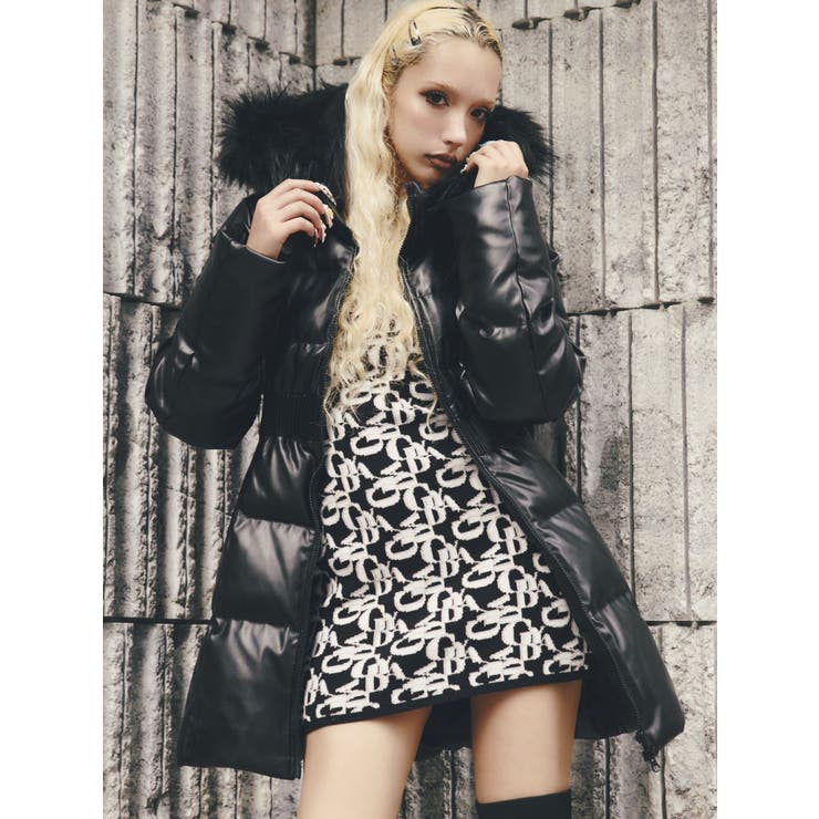 GDベルト付きフェイクレザーロングダウンコート[品番：MKSW0066479