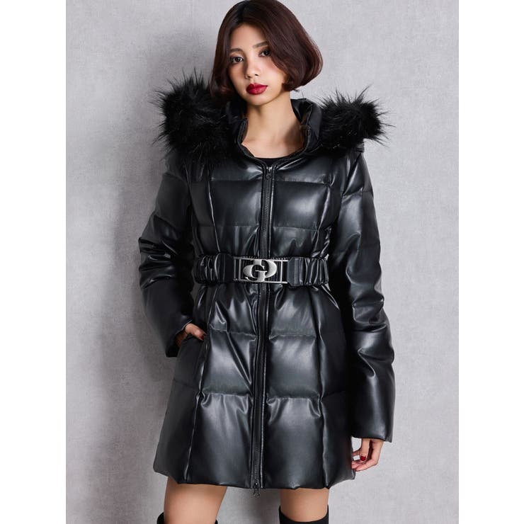 GDベルト付きフェイクレザーロングダウンコート[品番：MKSW0066479