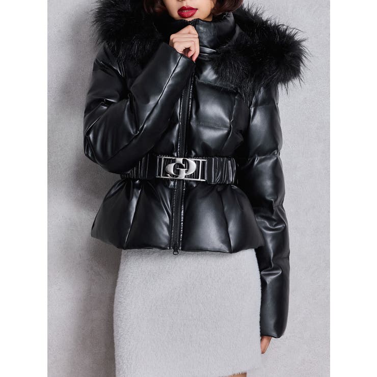 ブラック | GDベルト付きフェイクレザーショートダウンコート | GYDA