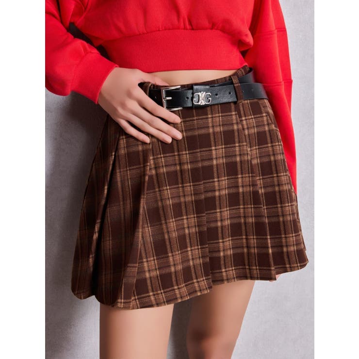 ブラウン | ベルトSETチェックプリーツスカートライクショートパンツ | GYDA
