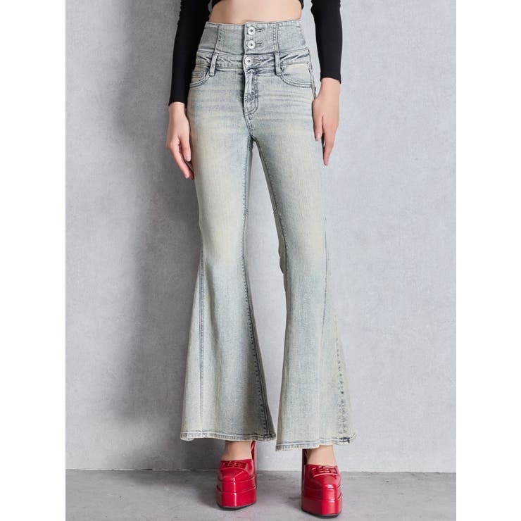 MSGM ハイウエスト エンホス フレア ハンツ 3541MDP16237611 99 ハイウエストSIDE BELT CUTデザインフレアデニムパンツ[品番
