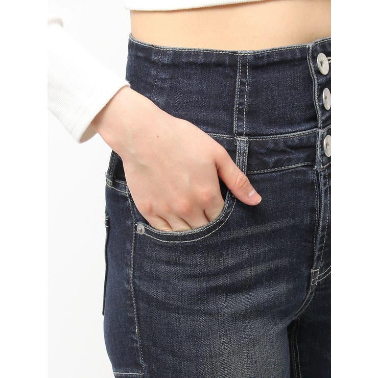 ハイウエストボタンBACKレースアップフレアデニムパンツ[品番