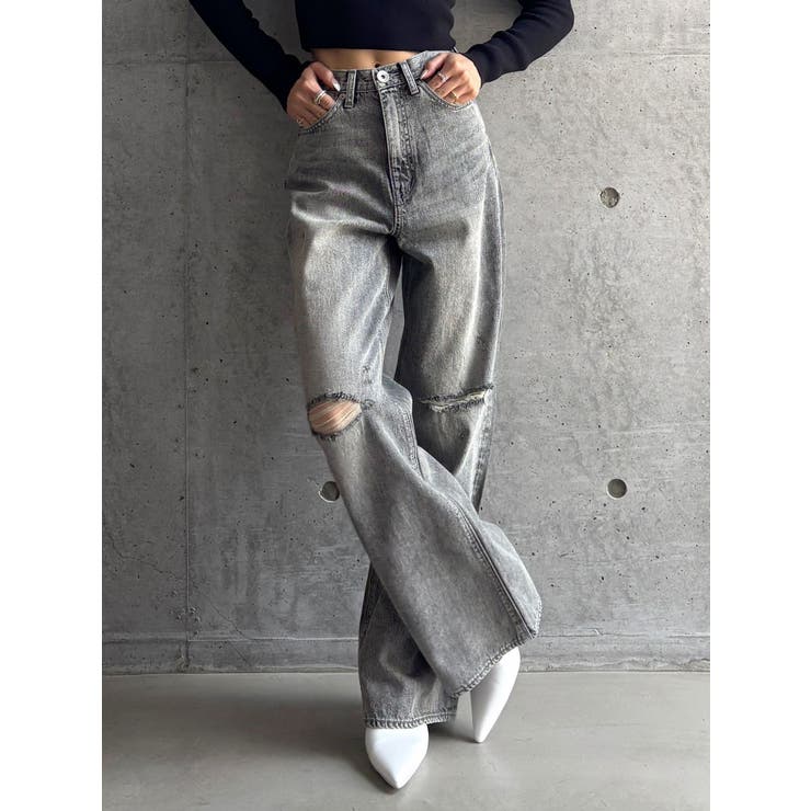 新品未使用　GYDA　ハイウエスト　KNEE ダメージ　ワイド　デニムパンツ　M セール】ハイウエスト KNEEダメージワイドデニムパンツ（デニム